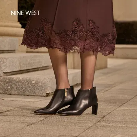 Nine West/玖熙真皮时装靴女秋冬新款方头短靴气质高跟马丁靴图片