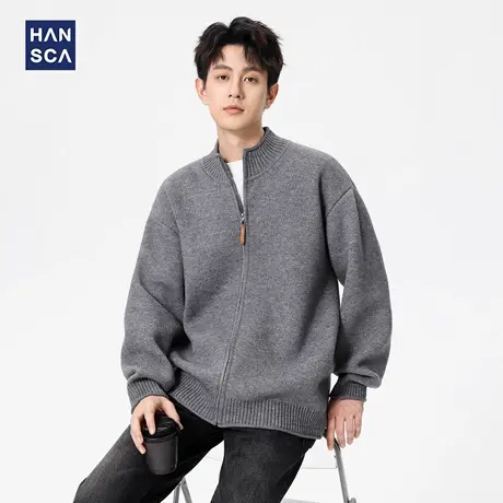 hansca重磅北极绒秋冬款开衫黑色毛衣男士休闲宽松针织衫线衣外套图片