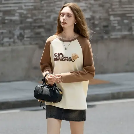 唐狮秋季新款长袖T恤女字母撞色插肩袖小熊学生宽松休闲上衣TM商品大图