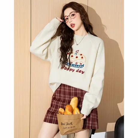 唐狮新款毛衣女圆领女圆领前胸图案套头百搭休闲毛线衫毛衣TE图片