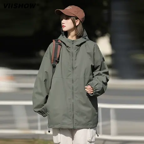 VIISHOW冲锋夹克男士2023新款秋季潮流防风工装夹克纯色连帽外套商品大图