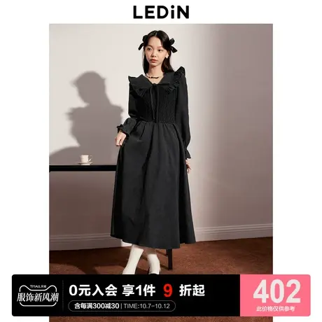 乐町拼接甜美翻领连衣裙23年秋冬新款长袖小黑裙优雅娃娃领连衣裙图片