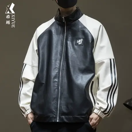 希越拼接PU皮衣美式复古男士外套秋季宽松大码小众痞帅棒球服夹克商品大图
