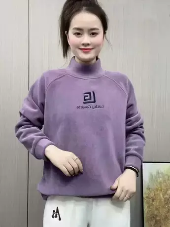 2023年秋冬新款奥利绒半高领加绒卫衣女套头宽松长袖上衣内搭绒衫商品大图