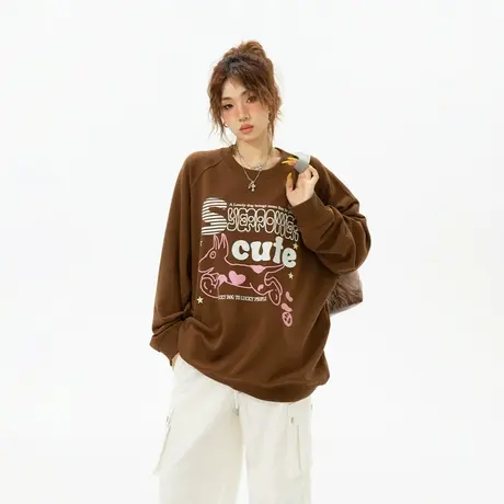 YEP复古圆领卫衣女春秋2023年新款潮牌印花宽松oversize无帽上衣商品大图