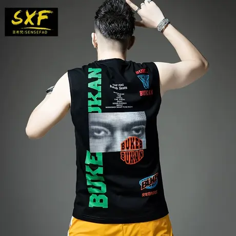 SXF圣希梵背心男 欧美潮牌新款街头无袖汗衫印花纯棉篮球男士坎肩商品大图
