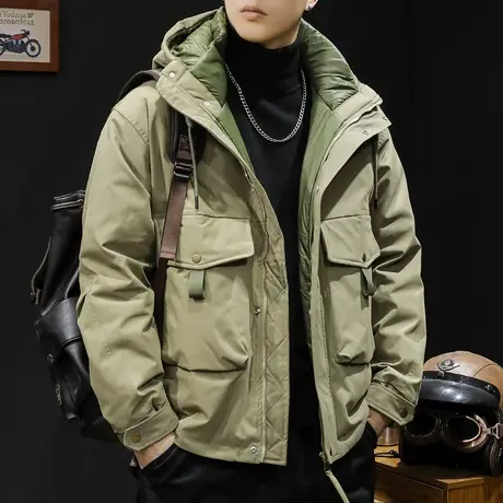 灰鸭绒工装羽绒服男冬季连帽2023新款潮牌大码男士外套多口袋保暖商品大图