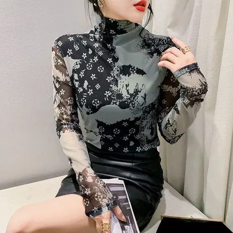 性感网纱高领T恤女长袖时尚扎染印花百搭上衣秋冬新款气质打底衫商品大图
