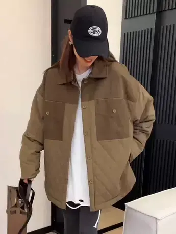 欧货秋季新款慵懒风韩版阔版显瘦宽松工装棉服拼色口袋外套女上衣图片