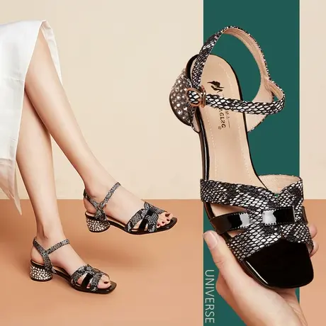 清仓凉鞋旗舰店真皮侧空后空露趾女鞋粗跟中跟休闲女鞋子商品大图