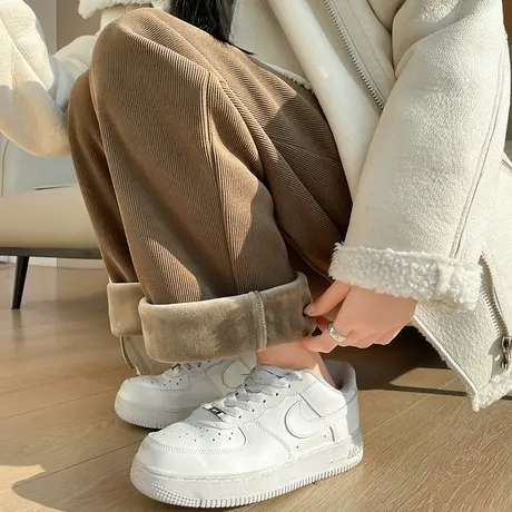 卡其色灯芯绒阔腿裤女秋冬季高腰加绒保暖小个子窄版雪尼尔直筒裤商品大图