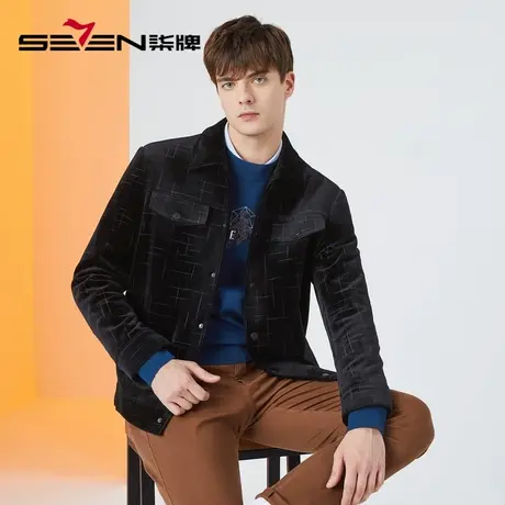 柒牌清仓灯芯绒工装男外套时尚休闲中青年格纹提花黑色翻领夹克衫商品大图