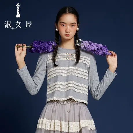 淑女屋官方旗舰店2022新款玫瑰花蕾丝长袖t恤女上衣图片