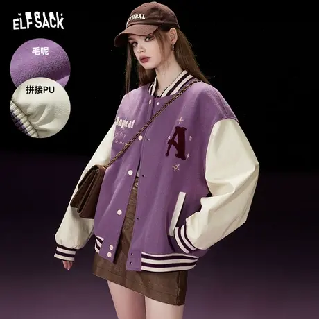 妖精的口袋拼接刺绣棒球服外套女2023冬季新款美式复古设计感上衣图片