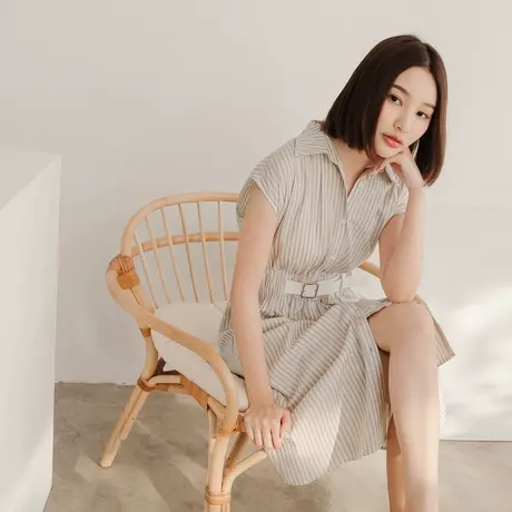 桔熊夏季通勤条纹落肩修身收腰中长款衬衫连衣裙子女装大码DA9284图片