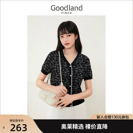 YINER音儿美地女装2022夏季新款黑色短袖宽松针织衫v领薄款开衫商品大图