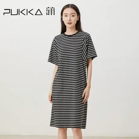蒲PUKKA 春夏新品长绒棉条纹针织圆领显瘦短袖气质文艺连衣裙图片