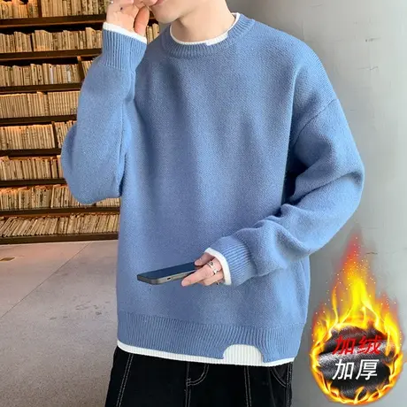 加绒加厚毛衣男2021秋冬季圆领打底针织衫纯色潮流休闲百搭线衣服商品大图