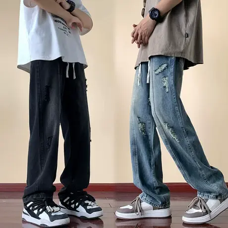 破洞牛仔裤男vibe春季新款直筒长裤ins潮流2025春秋宽松休闲裤子商品大图