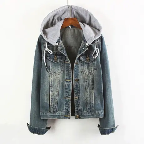 牛仔外套女连帽带帽春秋短款修身韩版新款学生大码长袖牛仔服上衣图片