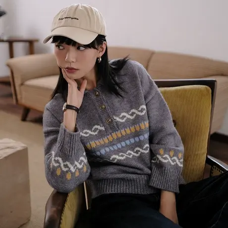 omont蛋挞家 复古polo领毛衣针织衫女秋冬新款宽松费尔岛套头上衣图片