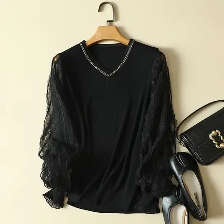 雪纺袖冰丝针织衫女春装2024年新款长袖宽松上衣洋气蕾丝打底衫女商品大图