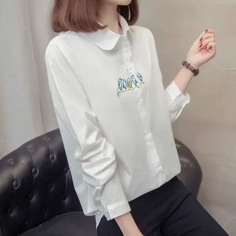 2023年春秋季清新刺绣衬衫卡通娃娃领宽松长袖上衣韩范女百搭衬衣图片