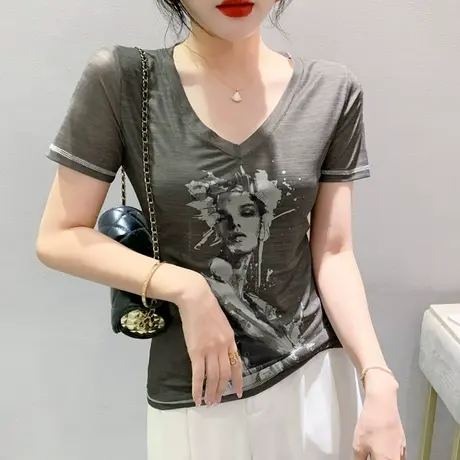 欧货性感V领网纱上衣女短袖设计感小众印花别致T恤修身洋气小衫夏图片
