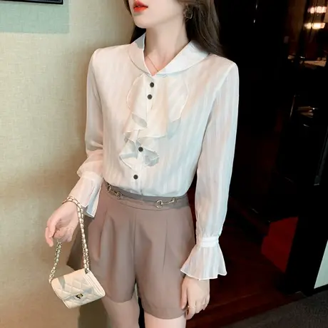 欧货秋装上衣女2023新款春秋季长袖白色雪纺衬衫女设计感小众初秋商品大图