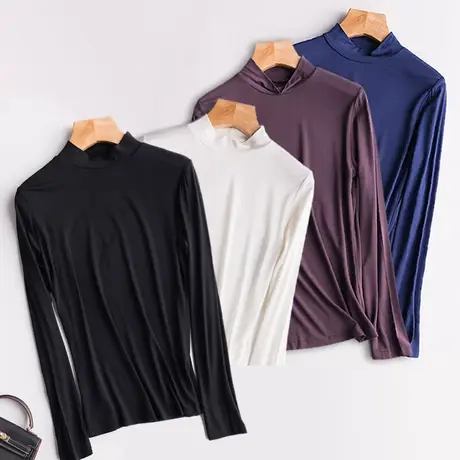 莫代尔半高领打底衫女秋冬黑色圆领内搭长袖t恤洋气加绒保暖上衣商品大图