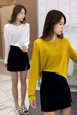 2023早秋新款冰丝长袖T恤上衣纯色百搭时尚圆领薄款ins风宽松体恤商品大图