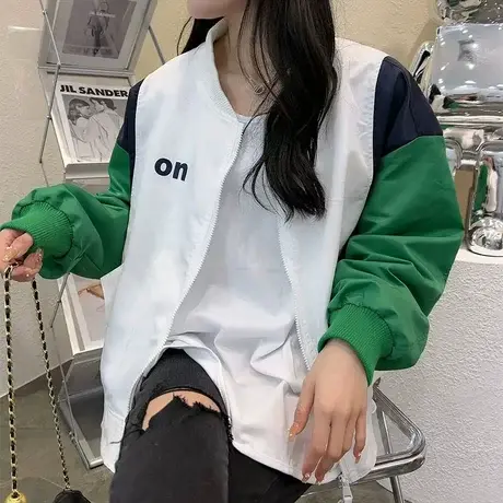 休闲长袖棒球服外套女2023春季新款韩版字母拼色夹克衫百搭上衣潮商品大图