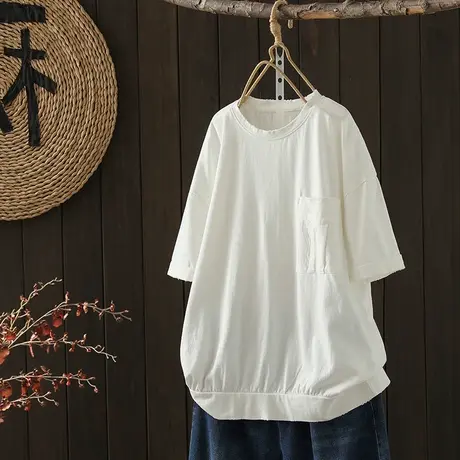 枫谜2023夏季新款文艺简约口袋棉质磨破短袖T恤宽松百搭休闲显瘦商品大图