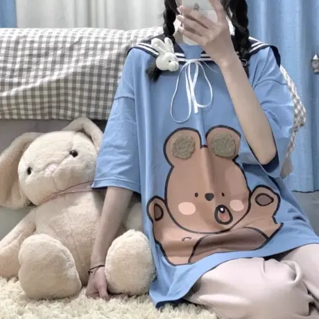 夏季学院日系软妹少女可爱熊拼色海军领韩版学生宽松短袖t恤上衣图片