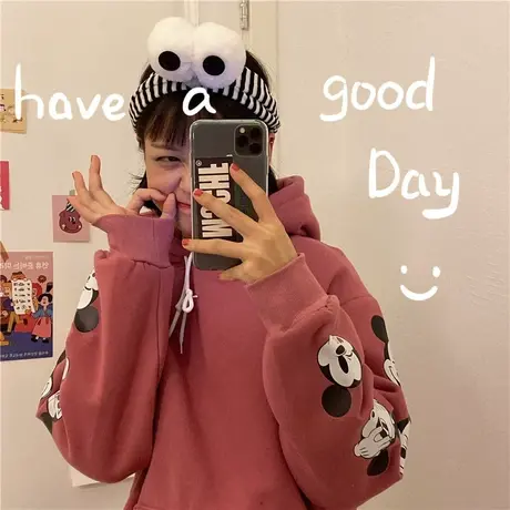 cec超火上衣ins潮卡通2019新款宽松学院风连帽卫衣女加厚加绒外套图片