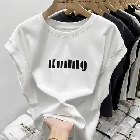 小飞袖体恤上衣女夏装2024新款韩版设计感小众字母印花短袖T恤潮商品大图