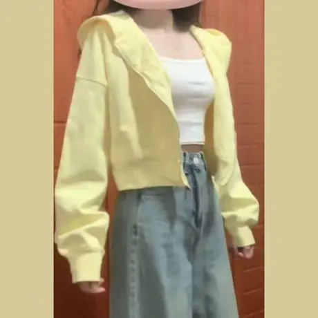 黄色开衫拉链长袖卫衣女2024秋季新款宽松薄款韩版短款连帽上衣潮商品大图