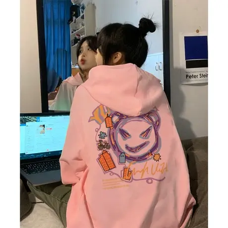 2022炸街连帽卫衣粉色卡通别致设计感大码加绒加厚外套潮ins上衣商品大图
