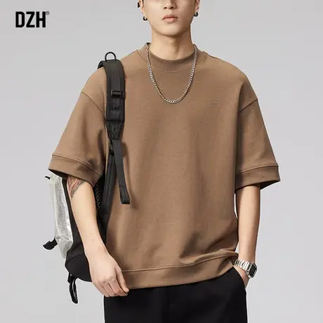 男士棕色重磅t恤男短袖夏季宽松纯色半截袖体恤2023年新款打底衫图片