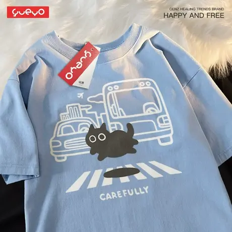 悦游 过马路猫 可爱卡通黑猫城市安全夏季潮流纯棉短袖t恤男商品大图