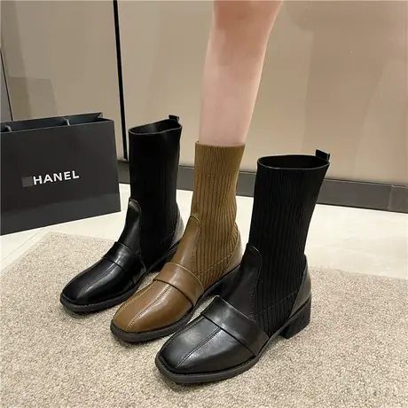 马丁靴女秋季爆款2024年新款高跟增高方跟黑色显瘦袜靴小个子短靴图片