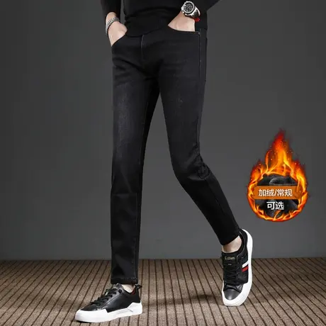 香港加绒加厚九分牛仔裤男款修身小脚秋冬款弹力潮流男士裤子黑色商品大图