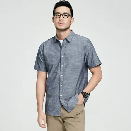 格慕施纯棉短袖衬衫男夏季竹节布休闲大码宽松纯色方领衬衣上衣薄商品大图