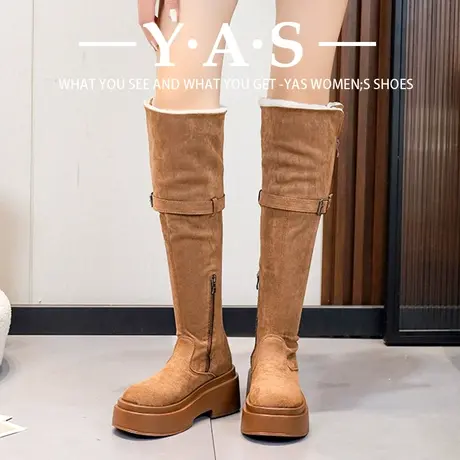 爆款棕色羊羔毛过膝雪地靴女复古风厚底高跟松糕底保暖骑士靴长靴商品大图