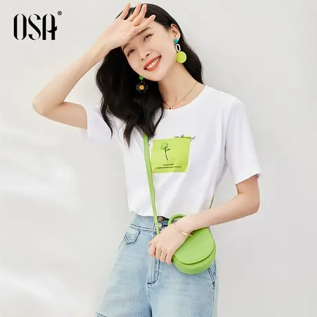 OSA欧莎小众白色印花短袖t恤上衣女士夏季2023年新款正肩宽松上衣图片