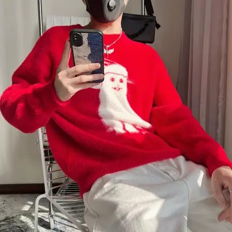 美式潮牌宽松圣诞情侣款针织毛衣男冬季2023新款ins个性内搭线衣商品大图