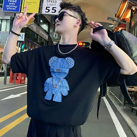 潮牌男士圆领短袖2023夏季新款潮流项链小熊半袖个性修身T恤上衣商品大图