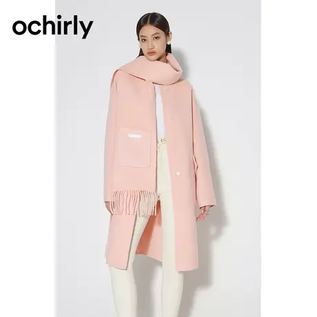 【品牌甄选】欧时力纯羊毛双面顺毛呢大衣女新款冬装配送围巾外套图片