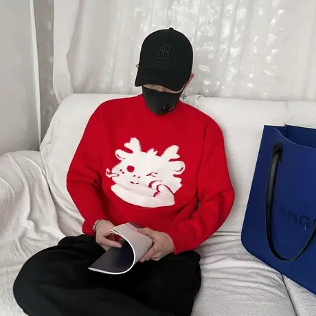 针织毛衣男冬季2023新年ins时尚卡通福龙提花个性休闲打底毛线衣图片