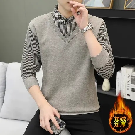 假两件衬衫男士长袖秋冬季条纹拼接加绒加厚内搭衬衣潮牌冬装上衣商品大图